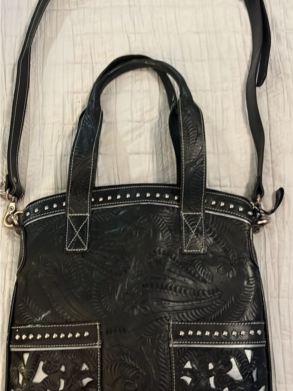 American West Black Floral Tooled Leather Shoulder Bag with Studs